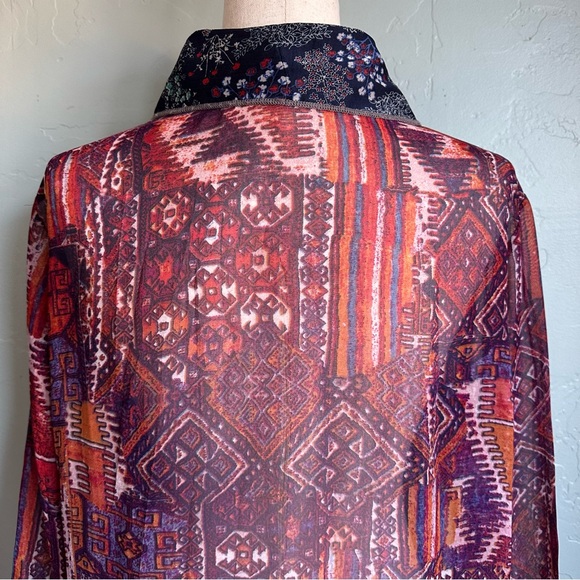 Adore Women’s Artsy Western Boho Patterned Sheer Extra‎ Long Button Down Shirt L - Picture 5 of 7